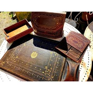 5 Pieces, Olive Morocco Desk Set, Mail Box Under Hand With Imperial Coat Of Arms