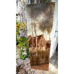 Large Decorative Panel Ecole De Barbizon H/ Canvas Frame By I.théodore House In The Trees
