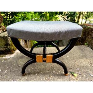 Elegant Charles X-style X-shaped Stool In Black Lacquered Mahogany With Gilded Palmettes, Late 19th Century