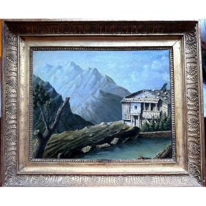 The Water Reservoir And The Mill In The Mountain, Romantic Landscape H/t. Framed Early 19th Century