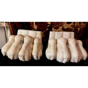 Pair Of Ornamental And Powerful Lion Paws In Carved & Polished White Carrara Marble