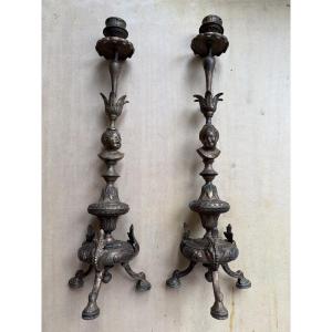 Pair Of Large Patinated Bronze Torches Napoleon III