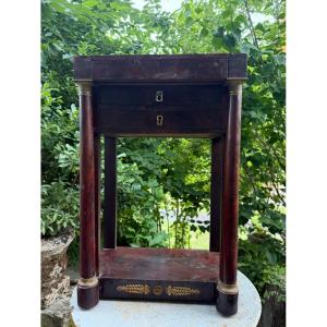 First Empire-style Living Room Cabinet, Flamed Cuban Mahogany Veneer, Freestanding Columns, Three Drawers