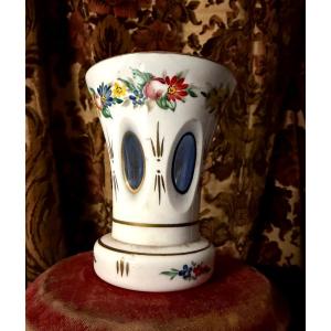 19th-century White Opaline Double-walled Goblet, Fluted And Decorated With Small Flowers; Louis Philippe
