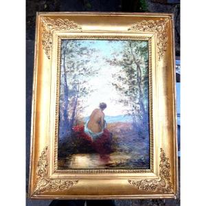 A Woman With A Graceful Back, Wrapped In A Bath Towel, In A Landscape By A Water Source; Oil On Canvas; 19th Century