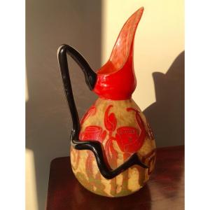 “le Verre Français” Jug With Acid-etched Decoration Of Stylized Roses
