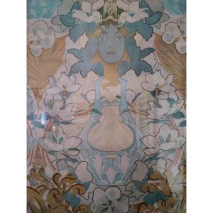 Claudius Denis - Woman With A Lyre In An Art Nouveau Floral Decor