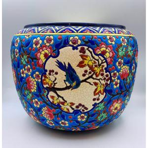 Important Longwy Earthenware Cachepot With Floral And Bird Decoration