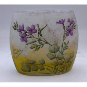 Daum - Enamelled Engraved Pillow-shaped Vase With Violet Decoration