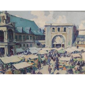 Louis Jacques Vigon - Hst The Market At The Halle Aux Toiles De Rouen