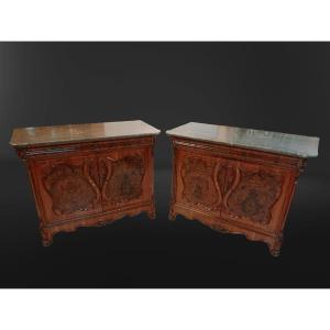 Coppia di credenze liguri in radica di noce.