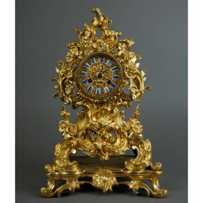 Pendule, Horloge Rocaille En Bronze Doré De Style Louis XV, époque Napoléon III