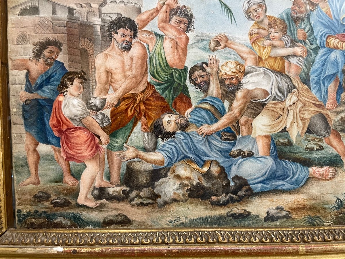 Tempera su pergamena martirio di S. Stefano XVIIsecolo-photo-2