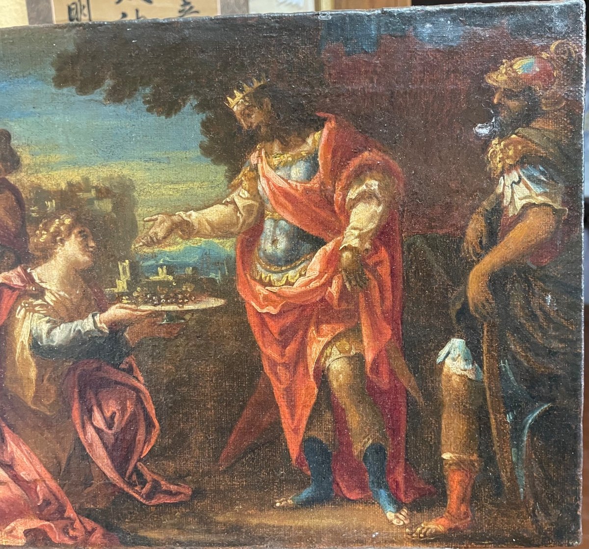 Dipinto oli su tela la regina di Saba e re Salomone XVI secolo-photo-3