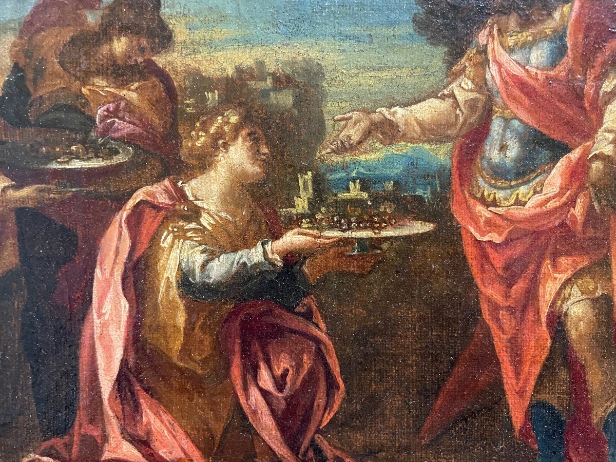 Dipinto oli su tela la regina di Saba e re Salomone XVI secolo-photo-4