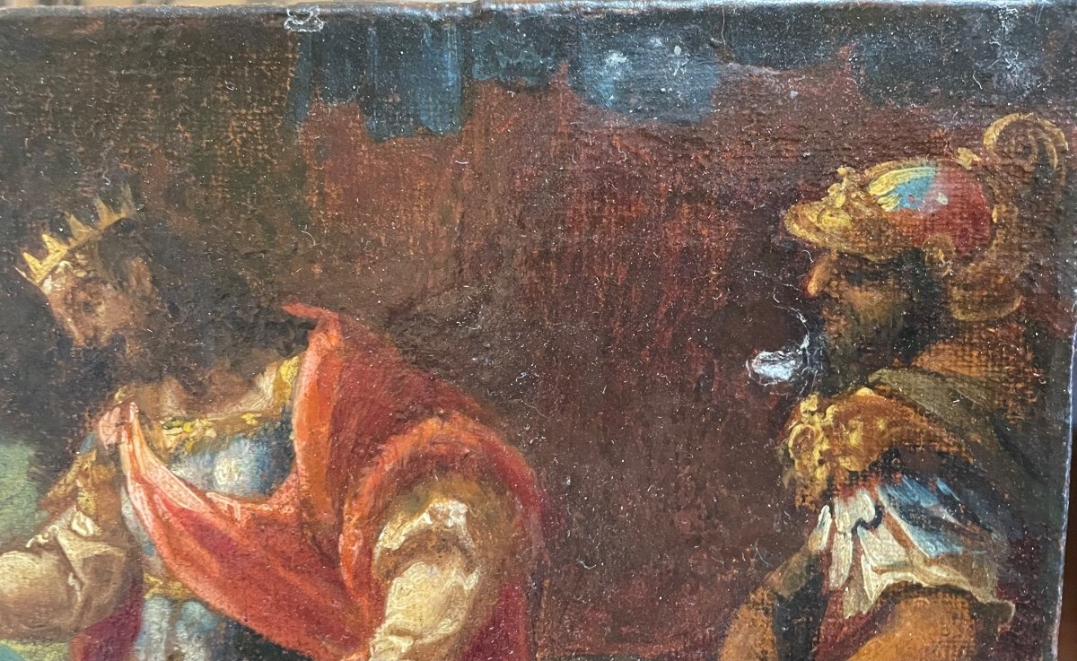 Dipinto oli su tela la regina di Saba e re Salomone XVI secolo-photo-3