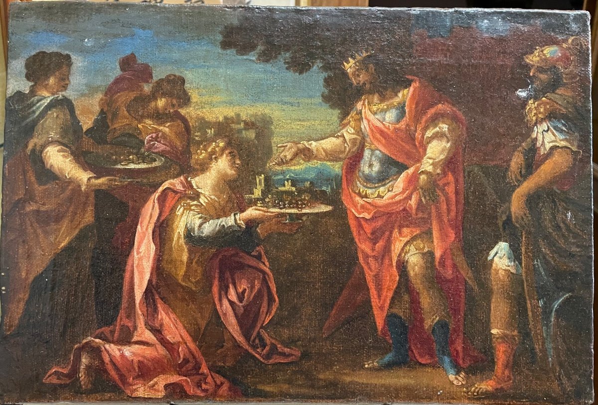 Dipinto oli su tela la regina di Saba e re Salomone XVI secolo