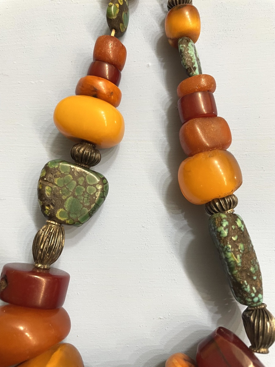 Collana Tibetana in ambra , turchese , argento XXsecolo-photo-2