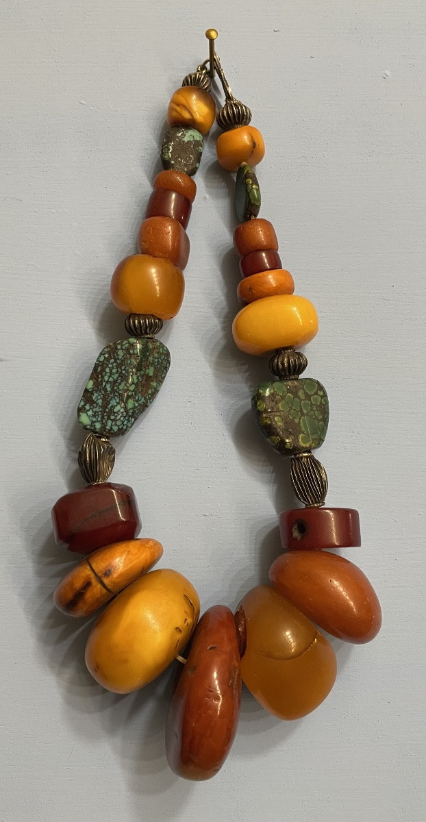 Collana Tibetana in ambra , turchese , argento XXsecolo