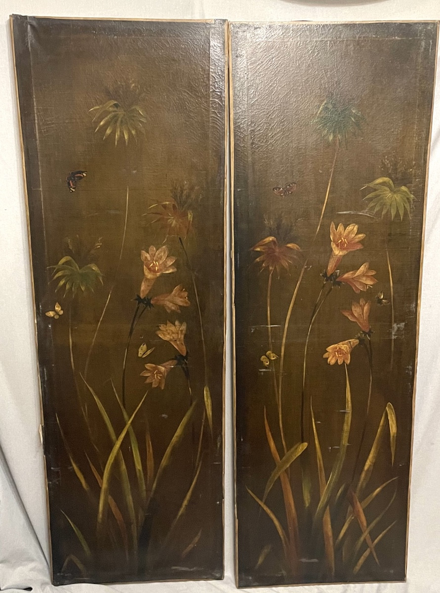 Coppia di dipinti olio su tela decorativi floreali XXsecolo