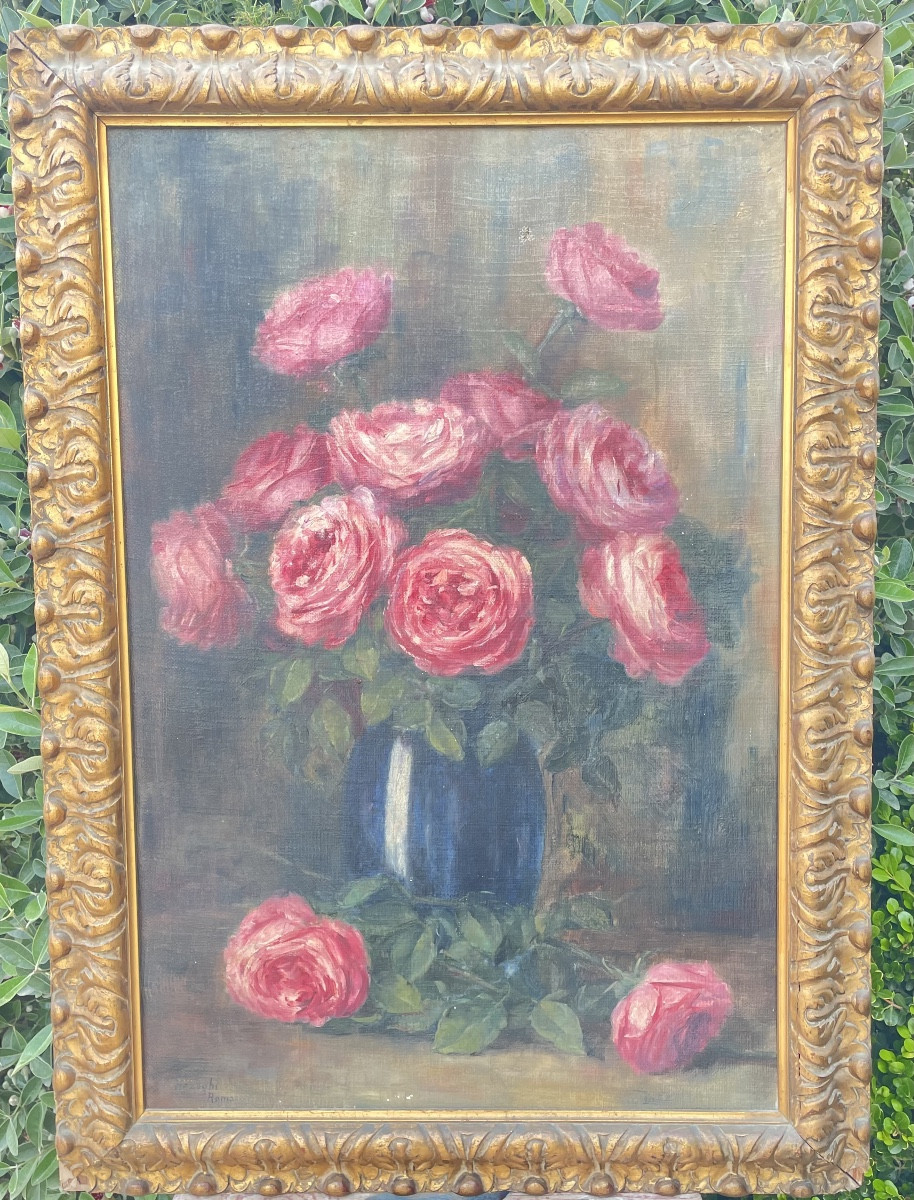 Olio su tela vaso con delle rose XXsecolo