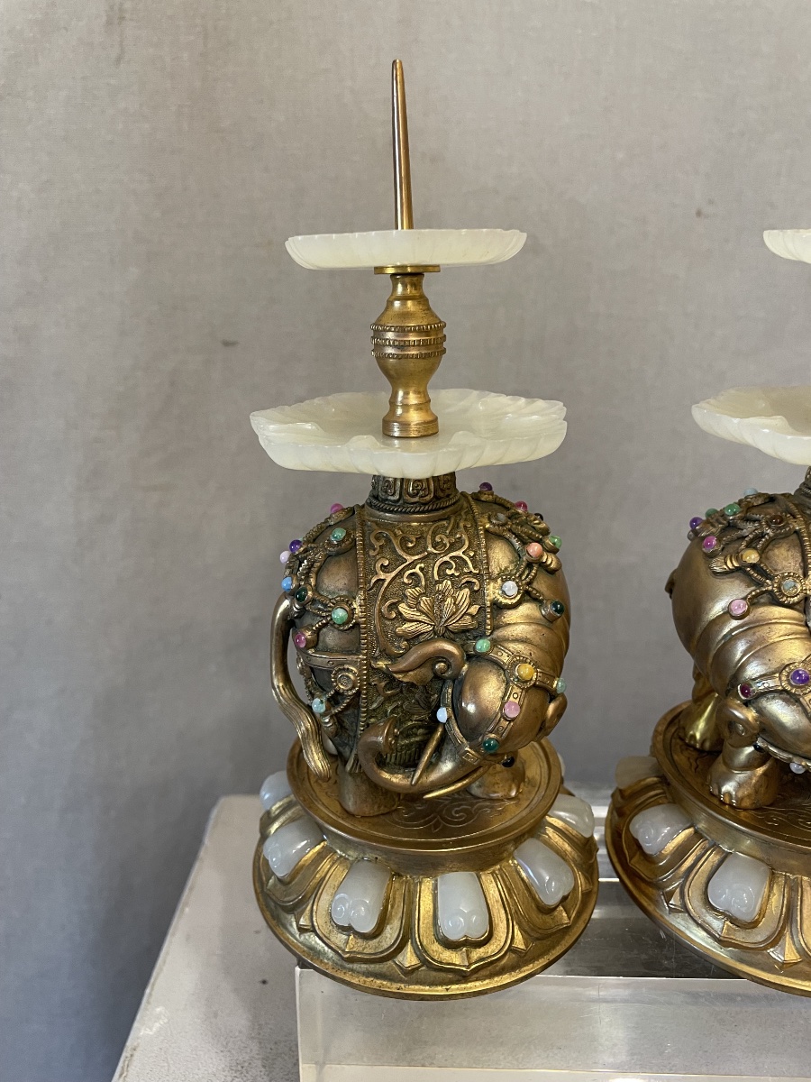 Coppia di elefanti in bronzo dorato con giade Cina XXsecolo-photo-2