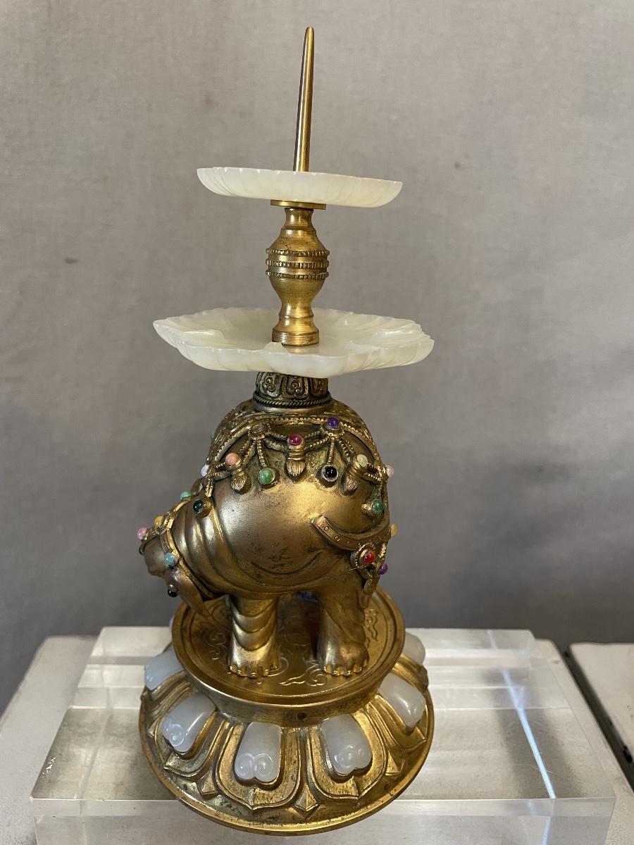 Coppia di elefanti in bronzo dorato con giade Cina XXsecolo-photo-3