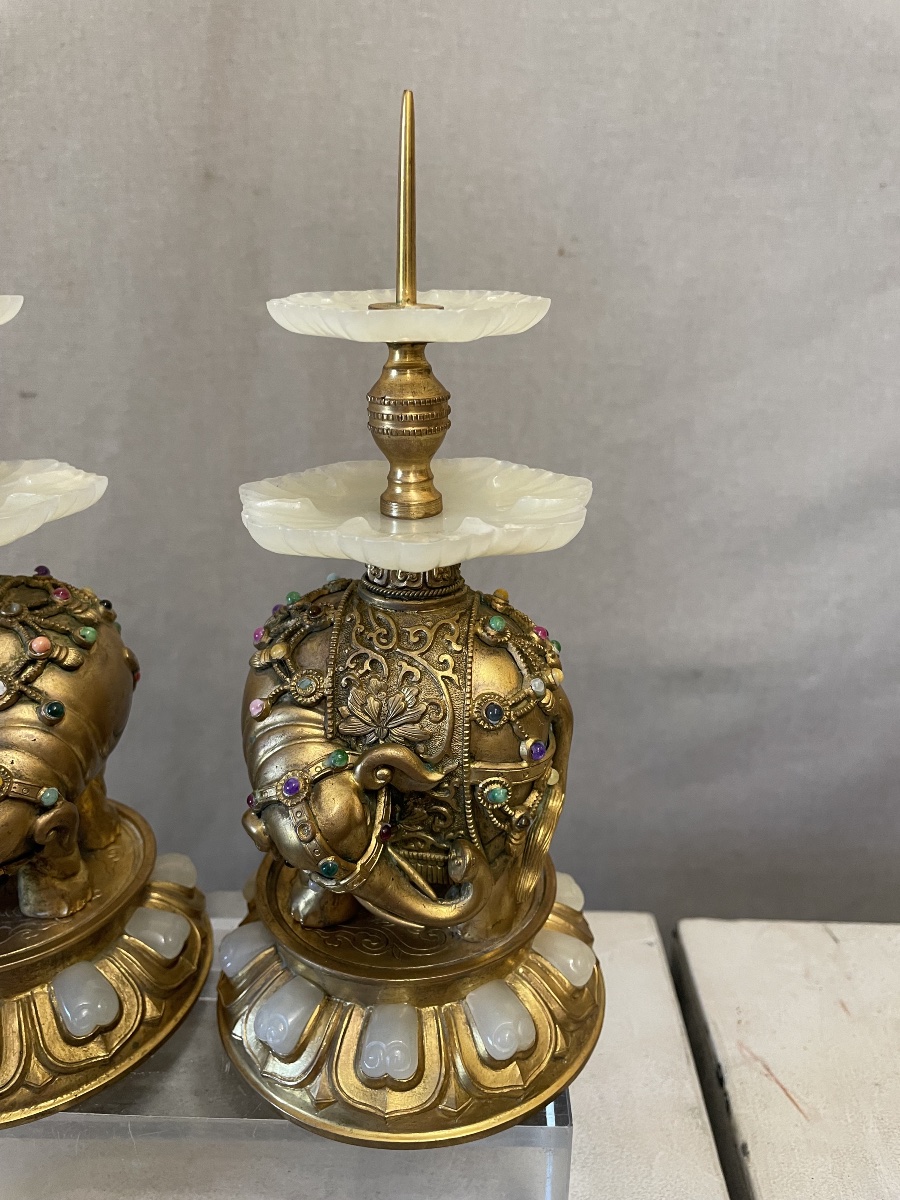 Coppia di elefanti in bronzo dorato con giade Cina XXsecolo-photo-4