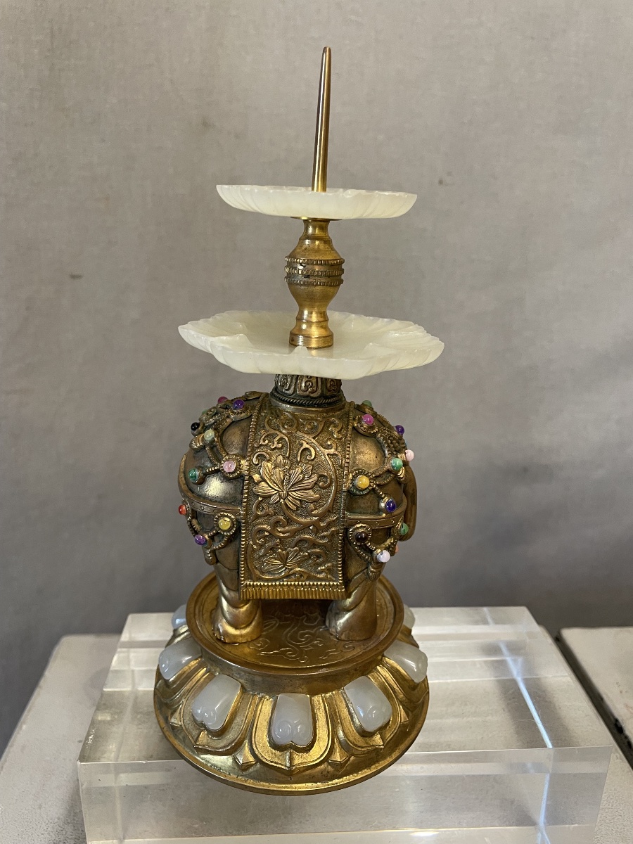 Coppia di elefanti in bronzo dorato con giade Cina XXsecolo-photo-3