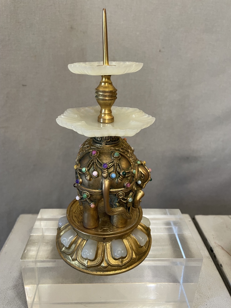 Coppia di elefanti in bronzo dorato con giade Cina XXsecolo-photo-4