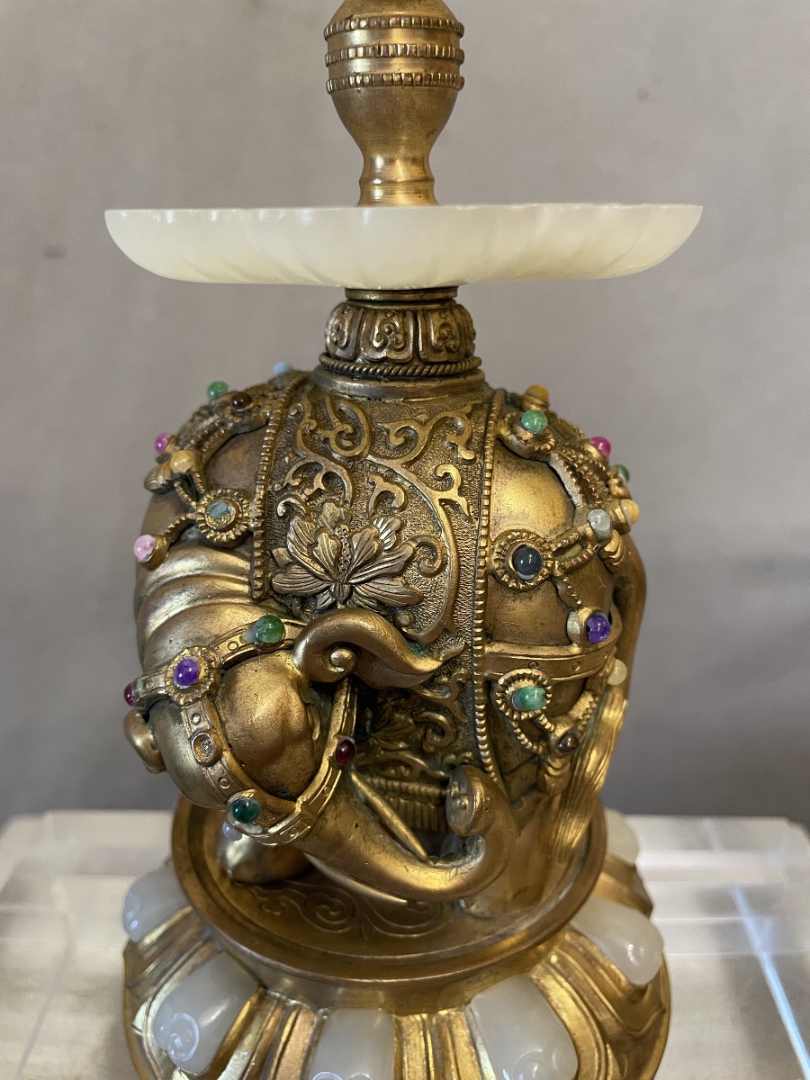 Coppia di elefanti in bronzo dorato con giade Cina XXsecolo-photo-5