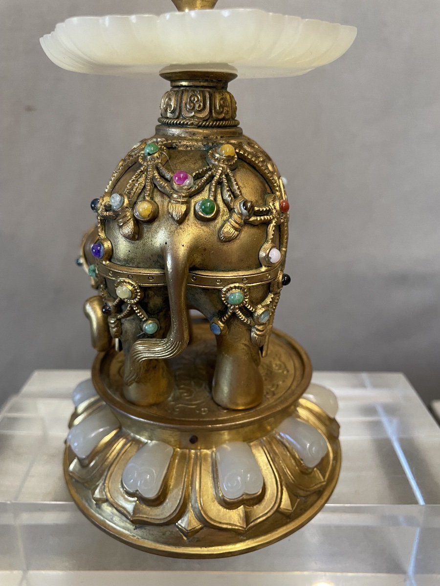 Coppia di elefanti in bronzo dorato con giade Cina XXsecolo-photo-6