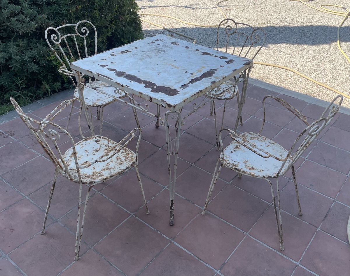 Tavolo con 4 sedie da giardino in ferro anni 1950/60