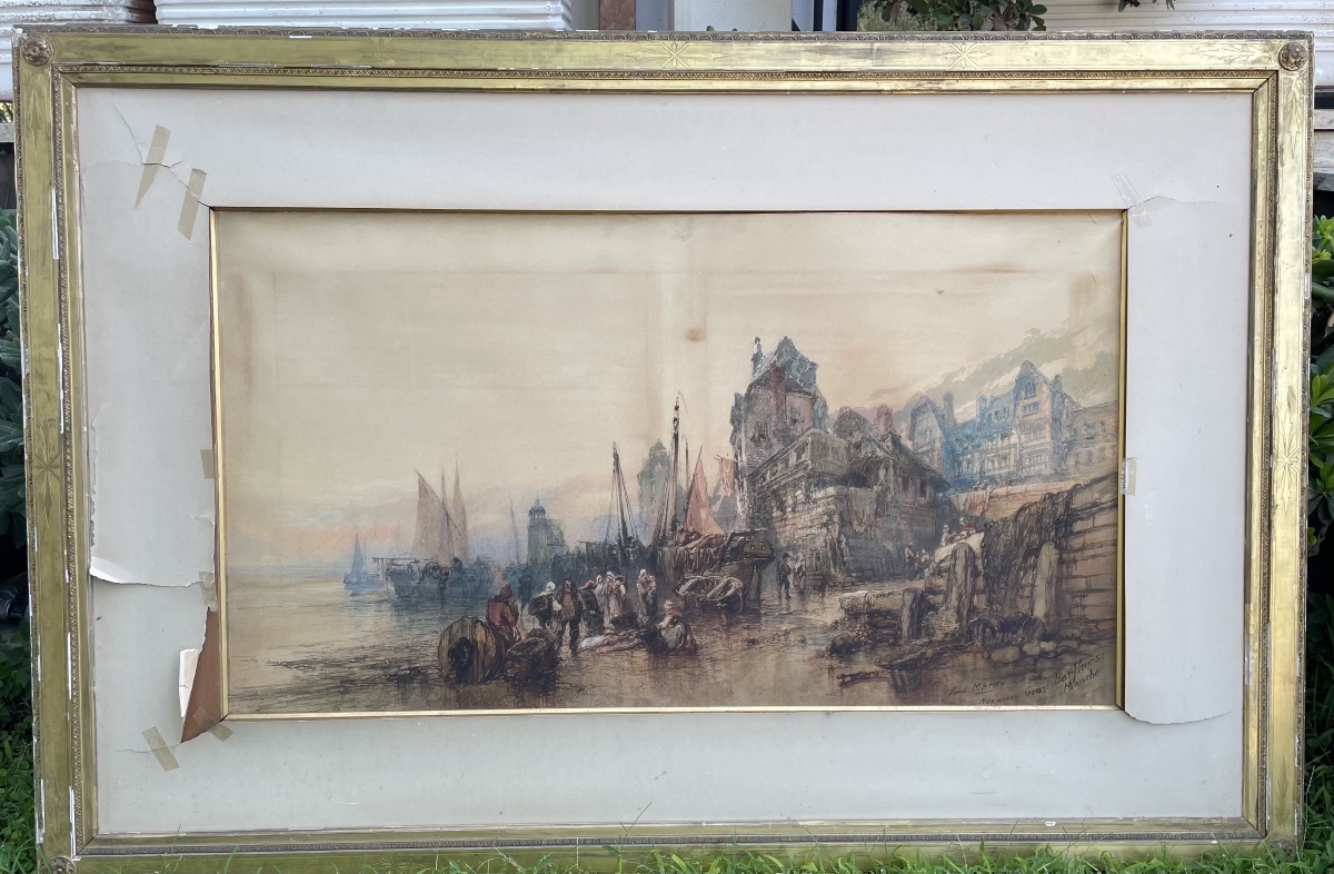 Grande acquarello di Paul Marny , la costa in Normandia .XIXsecolo