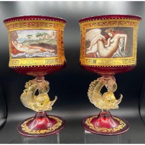 paio di bicchieri dipinti con quadri famosi Venezia XX secolo