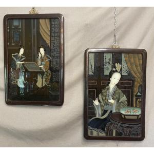 Coppia di dipinti sotto vetro Cina XX secolo