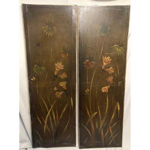 Coppia di dipinti olio su tela decorativi floreali XXsecolo