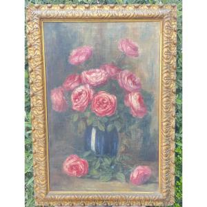 Olio su tela vaso con delle rose XXsecolo