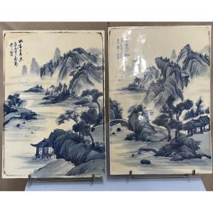 Coppia di placche bianche e blu Cina XXsecolo
