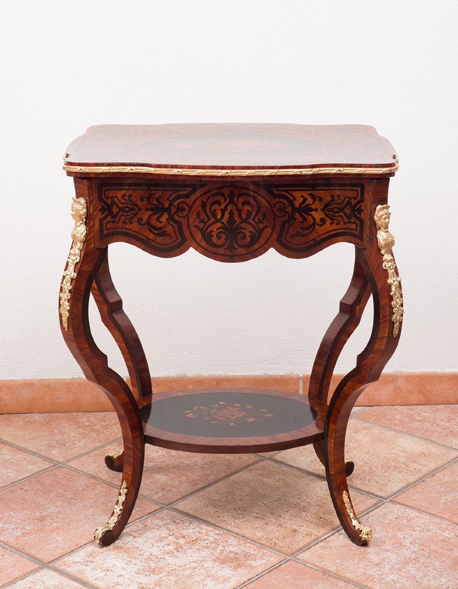XIX Secolo, Napoleone III, Tavolino da lavoro intarsiato, con applicazioni in bronzo dorato-photo-2