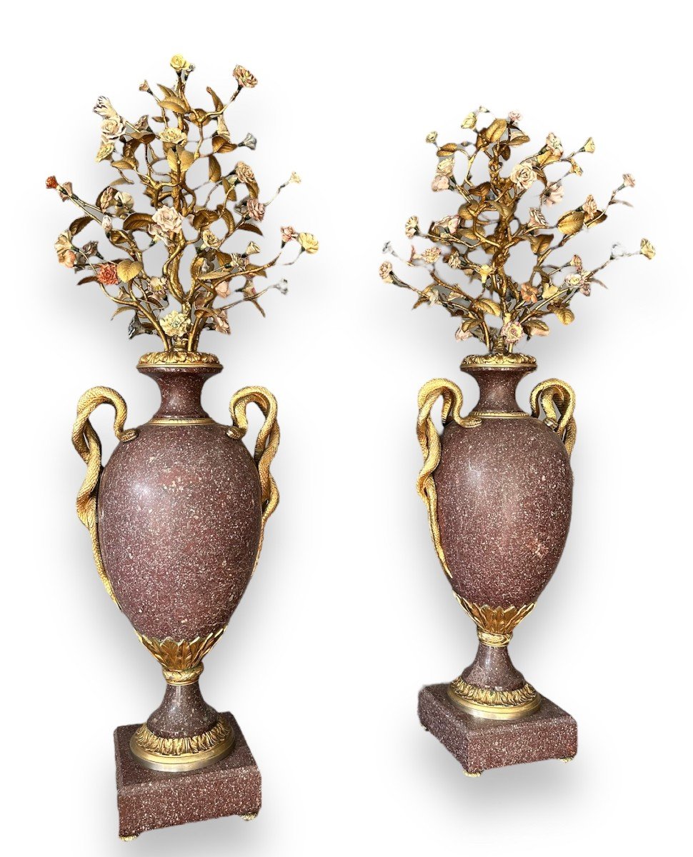 19th Secolo, coppia di vasi in porfido egiziano, bronzo dorato, porcellana-photo-2