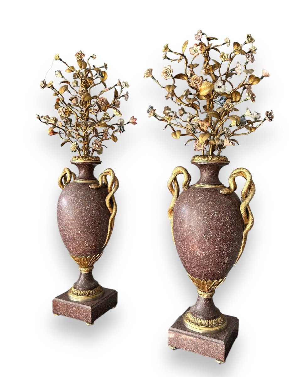 19th Secolo, coppia di vasi in porfido egiziano, bronzo dorato, porcellana-photo-3
