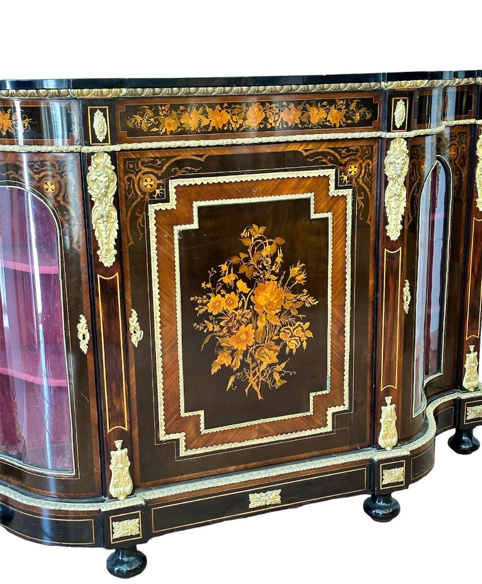 XIX secolo, Napoleone III, Antica Credenza in legno intarsiata, Bronzo dorato-photo-6