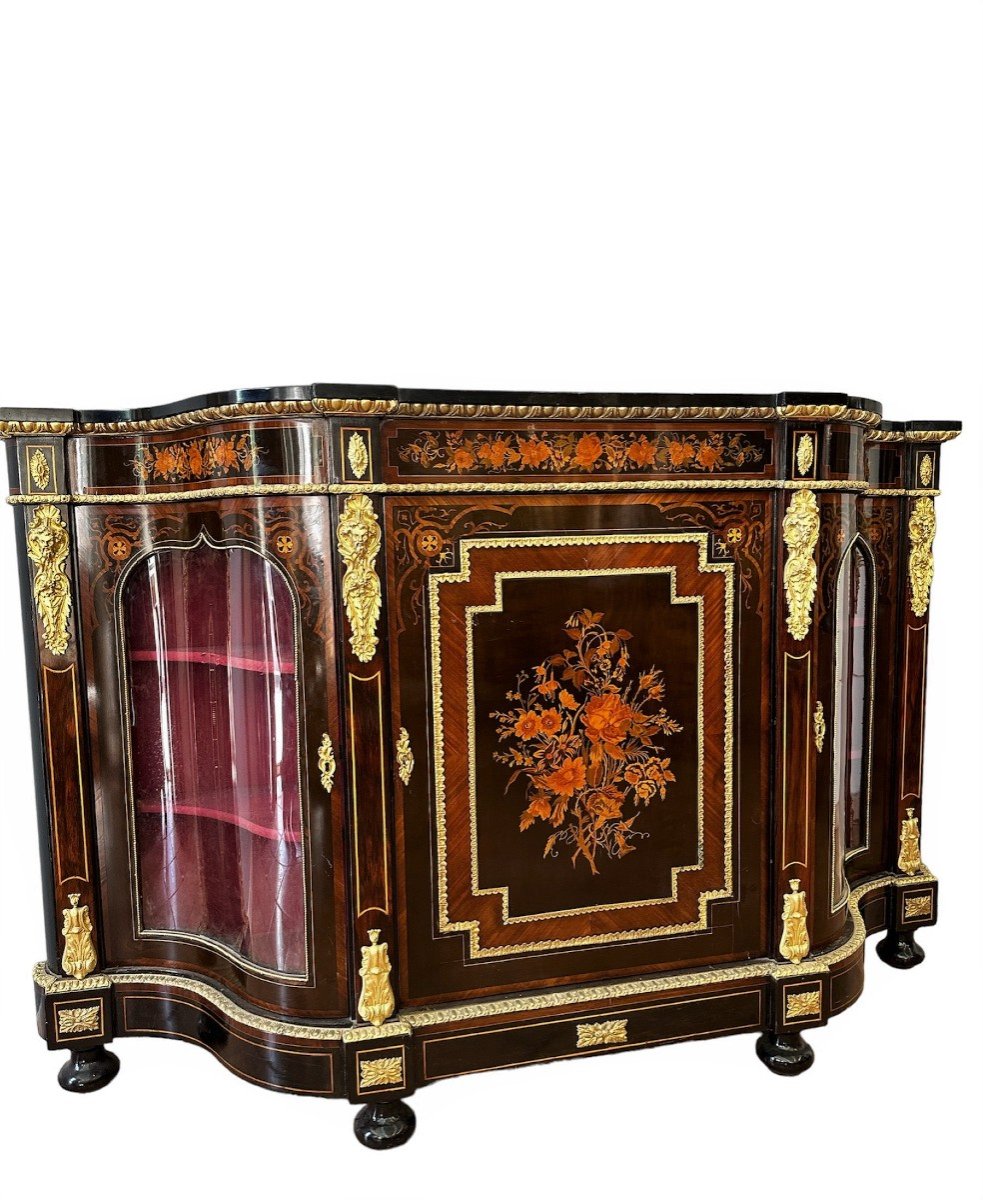 XIX secolo, Napoleone III, Antica Credenza in legno intarsiata, Bronzo dorato-photo-8