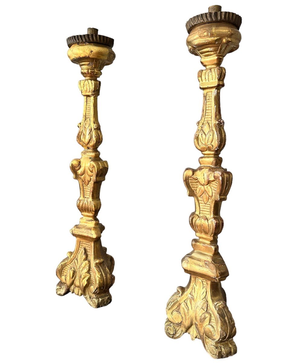 XIX Secolo, Coppia di Torcieri in legno dorato-photo-2
