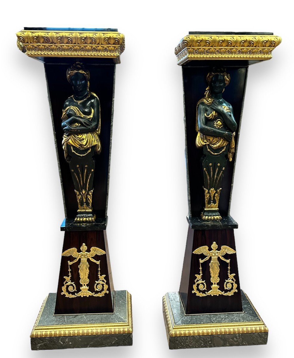 XIX Secolo, Coppia di Colonne, Lesene, in legno con marmi