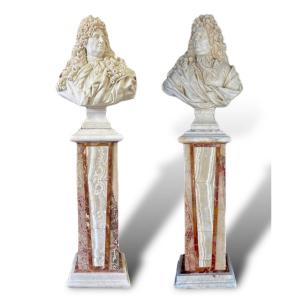 XX Secolo, Coppia di grandi busti in Marmo, Re Sole, Luigi XIV