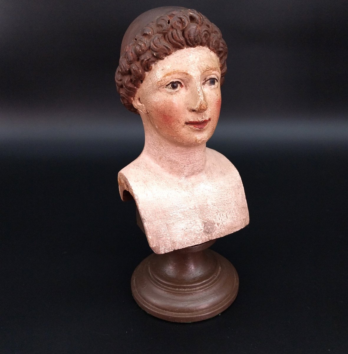 Piccolo busto, scultura, scolpito a mano in legno policromo del '700.-photo-3