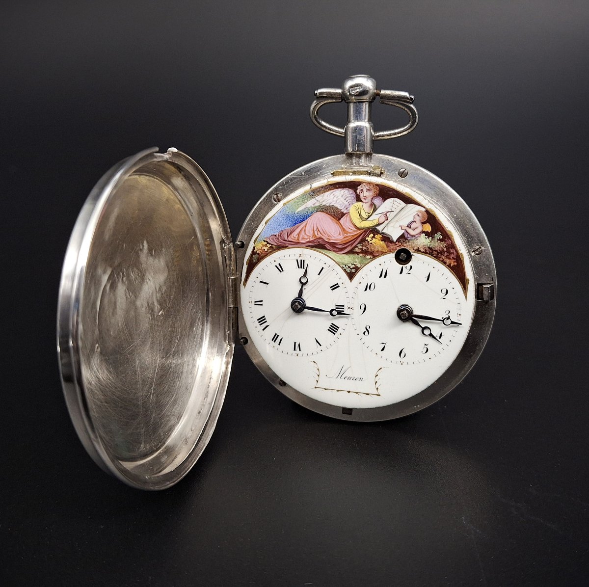 Orologio con doppio fuso orario e quadrante dipinto Firmato "Meuron",  XVIII secolo-photo-2
