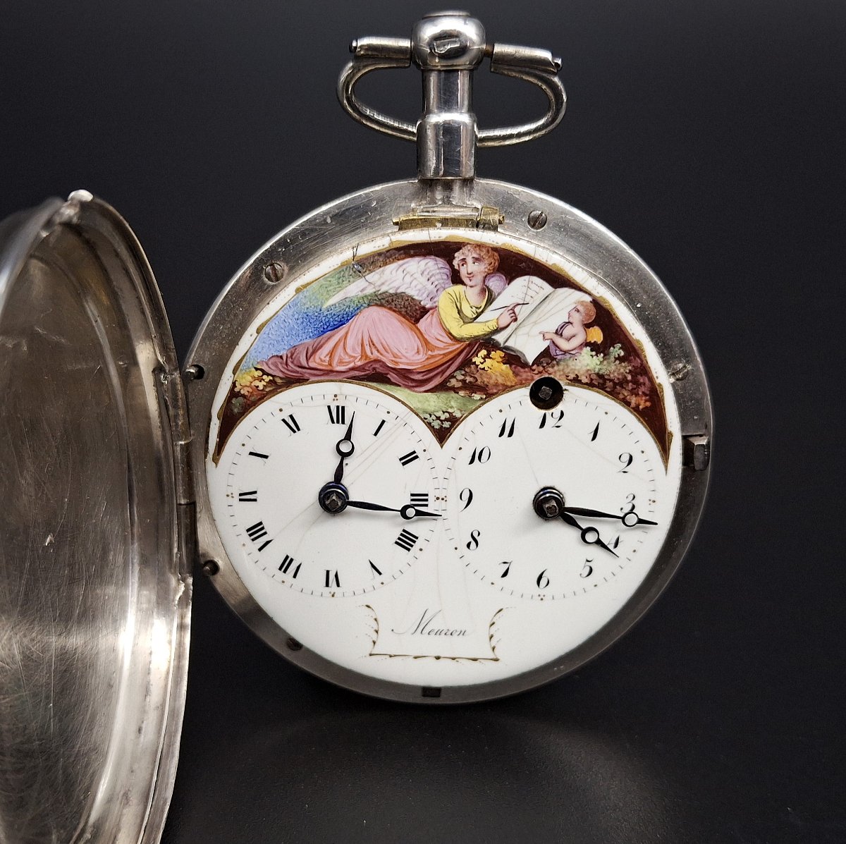 Orologio con doppio fuso orario e quadrante dipinto Firmato "Meuron",  XVIII secolo-photo-3